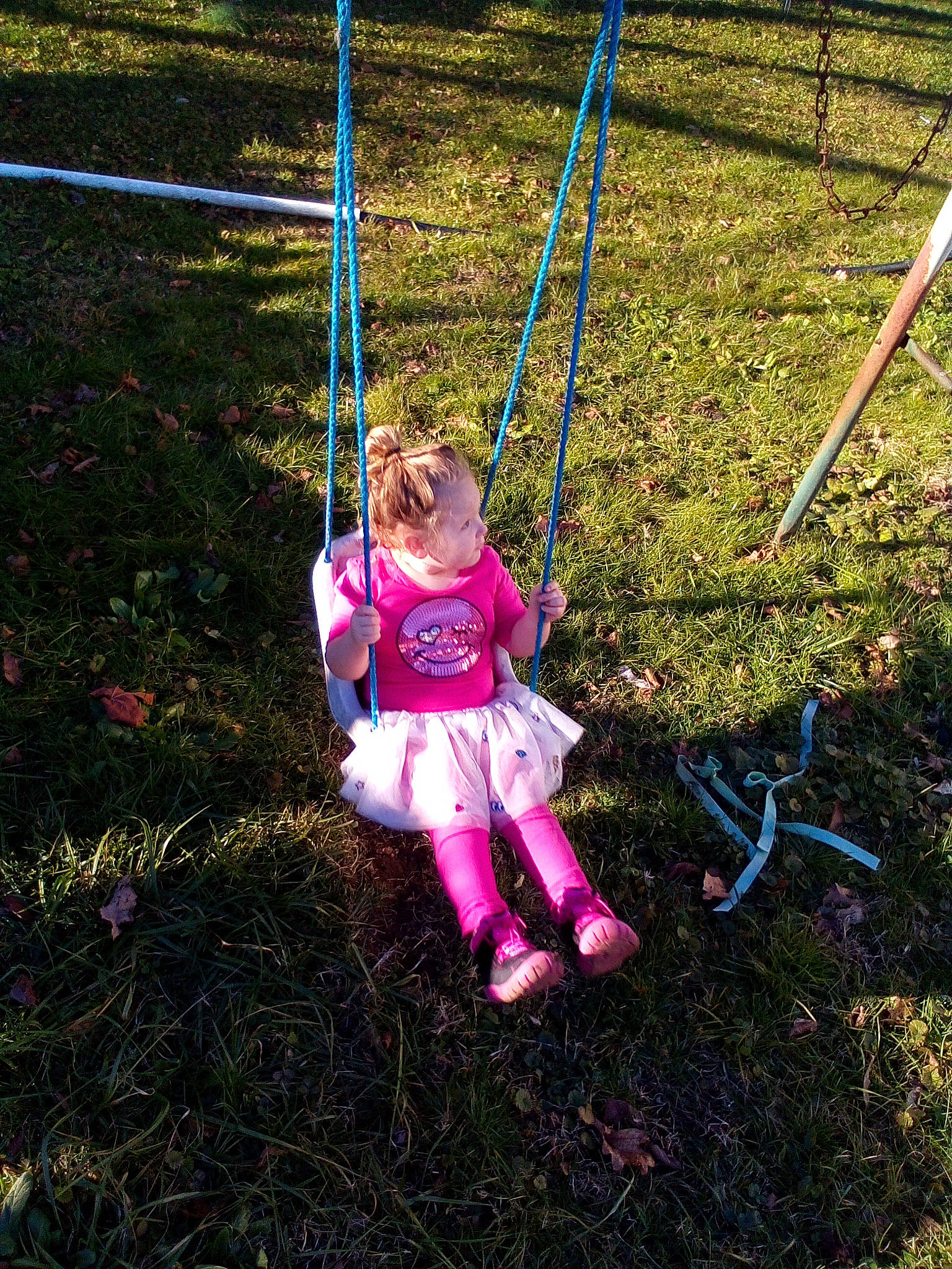 Lilly is registered to the contest to win money with this photo: adventure, city, electric_blue, fun, grass, leisure, magenta, natural_environment, outdoor_play_equipment, people_in_nature, person, plant, play, playground, recreation, rope, soil, swing, toddler, tree