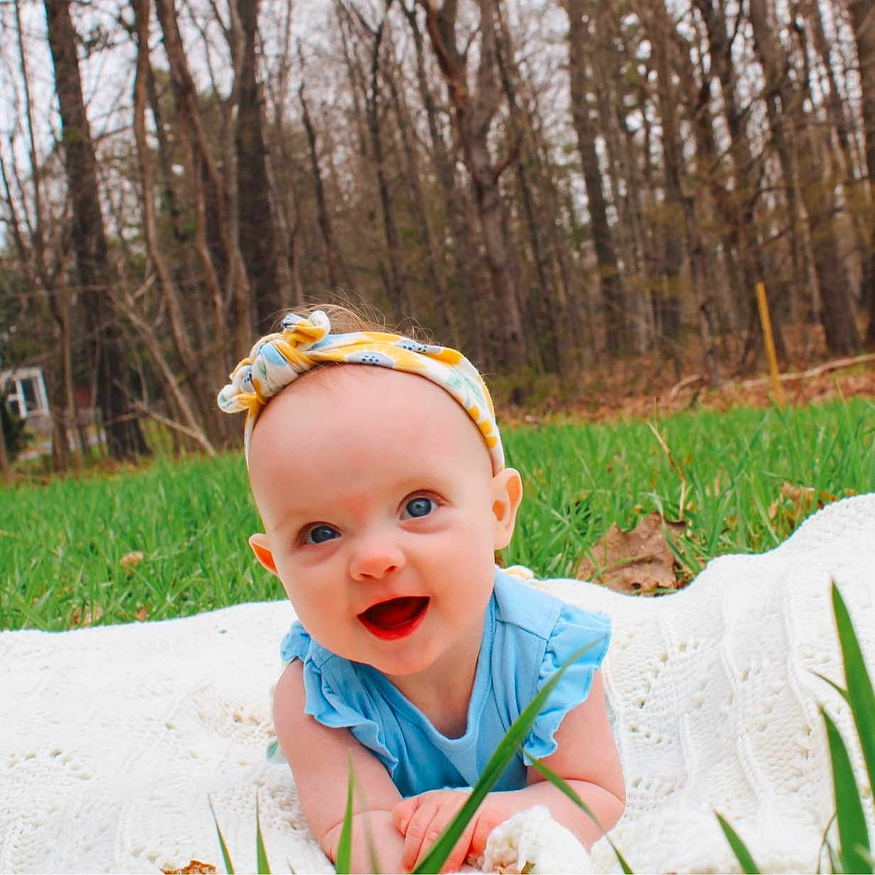 Paislee is registered to the contest to win money with this photo: baby, backyard, face, grass, happy, head, land, laughing, lawn, nature, outdoors, park, person, photography, plant, portrait, tree, vegetation, woodland, yard