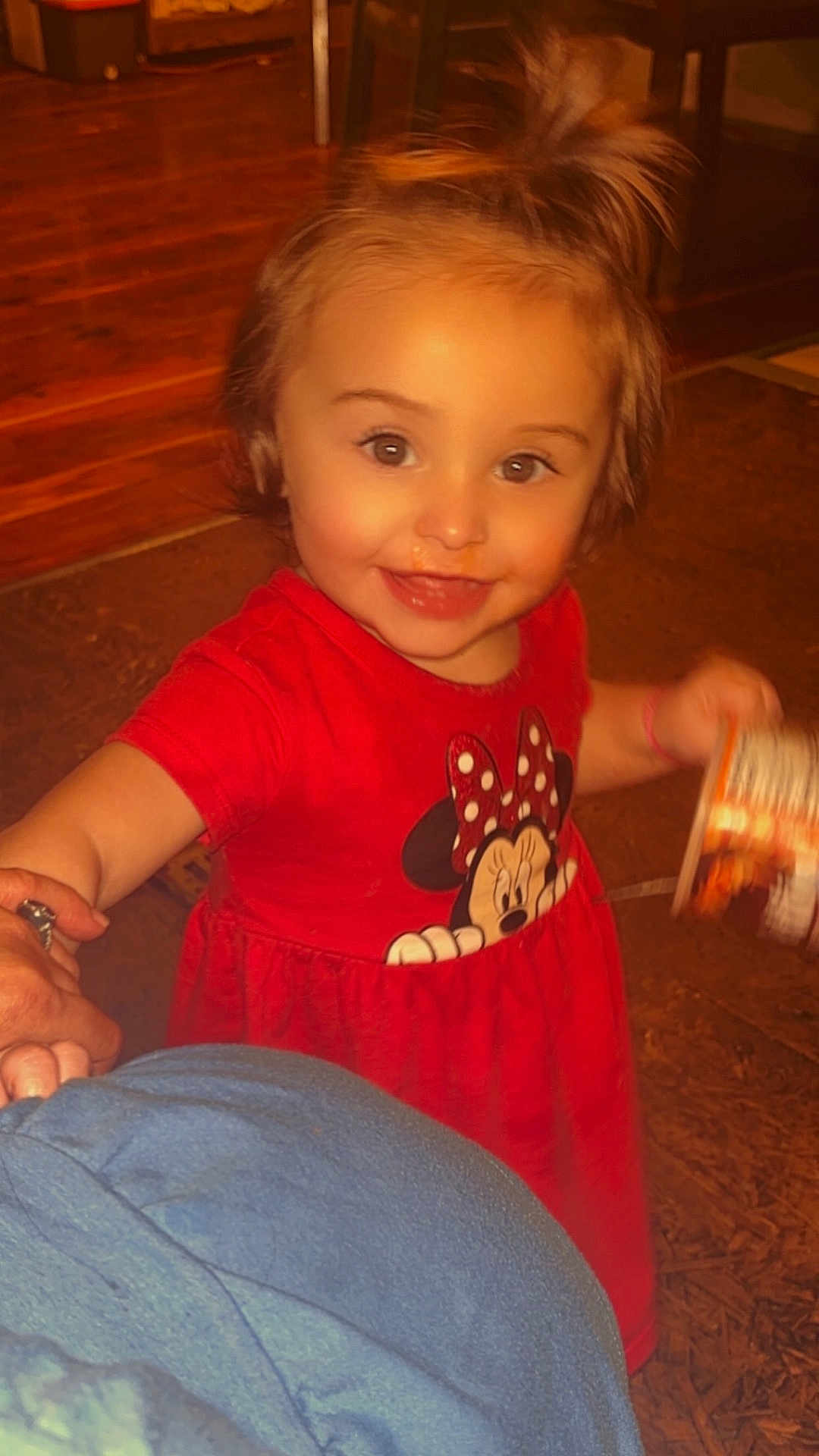 Piper Jay joined the competition — help win amazing prizes! bright_eyes, casual_clothing, child, cute, girl, hand_holding, happy, holding_object, home, indoor, minnie_mouse, person, playful, portrait, red_dress, short_hair, smiling, toddler, wooden_floor, young_child