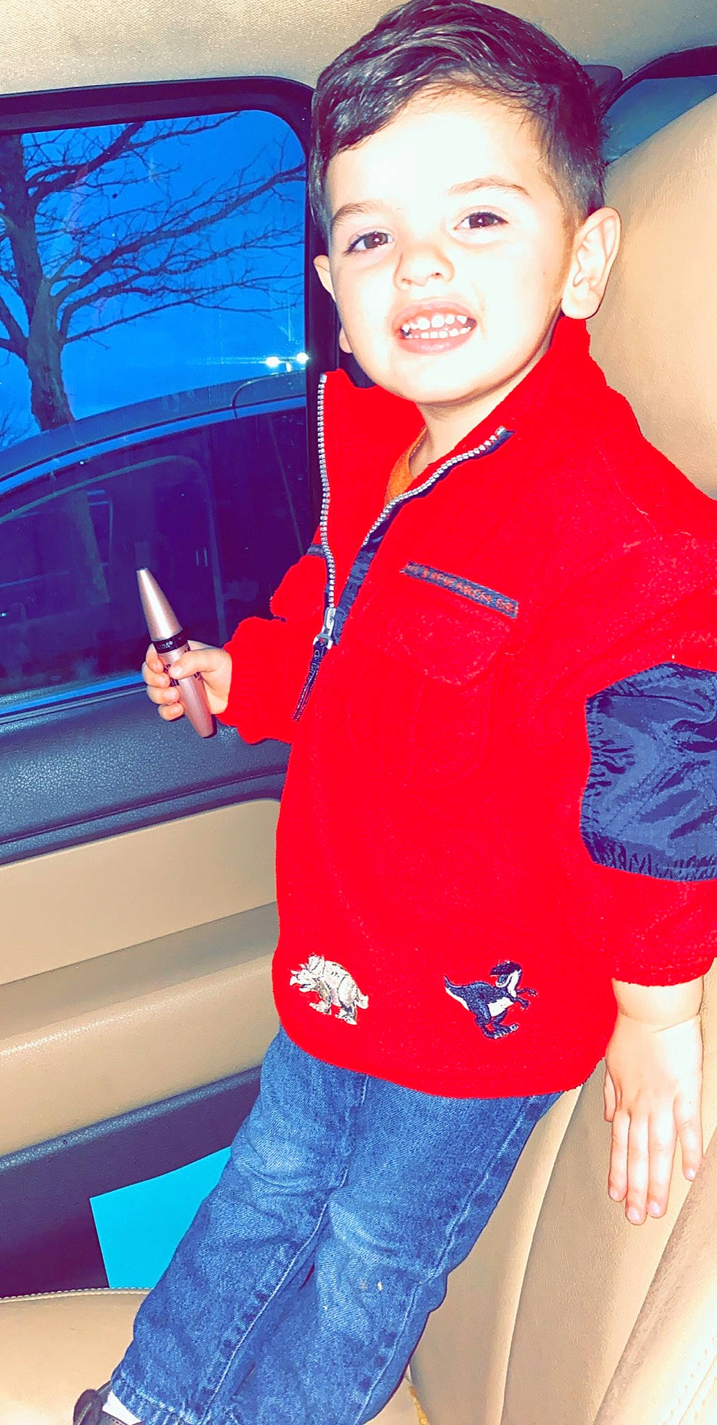 Trace joined the competition — help win amazing prizes! child, child_model, electric_blue, jeans, joy, outerwear, person, smile