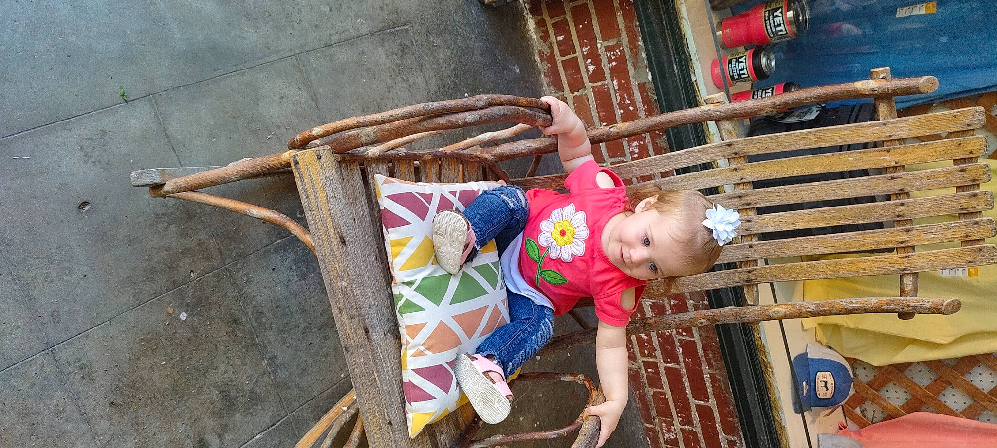 Adelina is registered to the contest to win money with this photo: baby, baby_toddler_clothing, child, fun, happy, joy, leisure, person, play, sandal, sitting, t_shirt, toddler, tree, vacation, vertebrate, wood