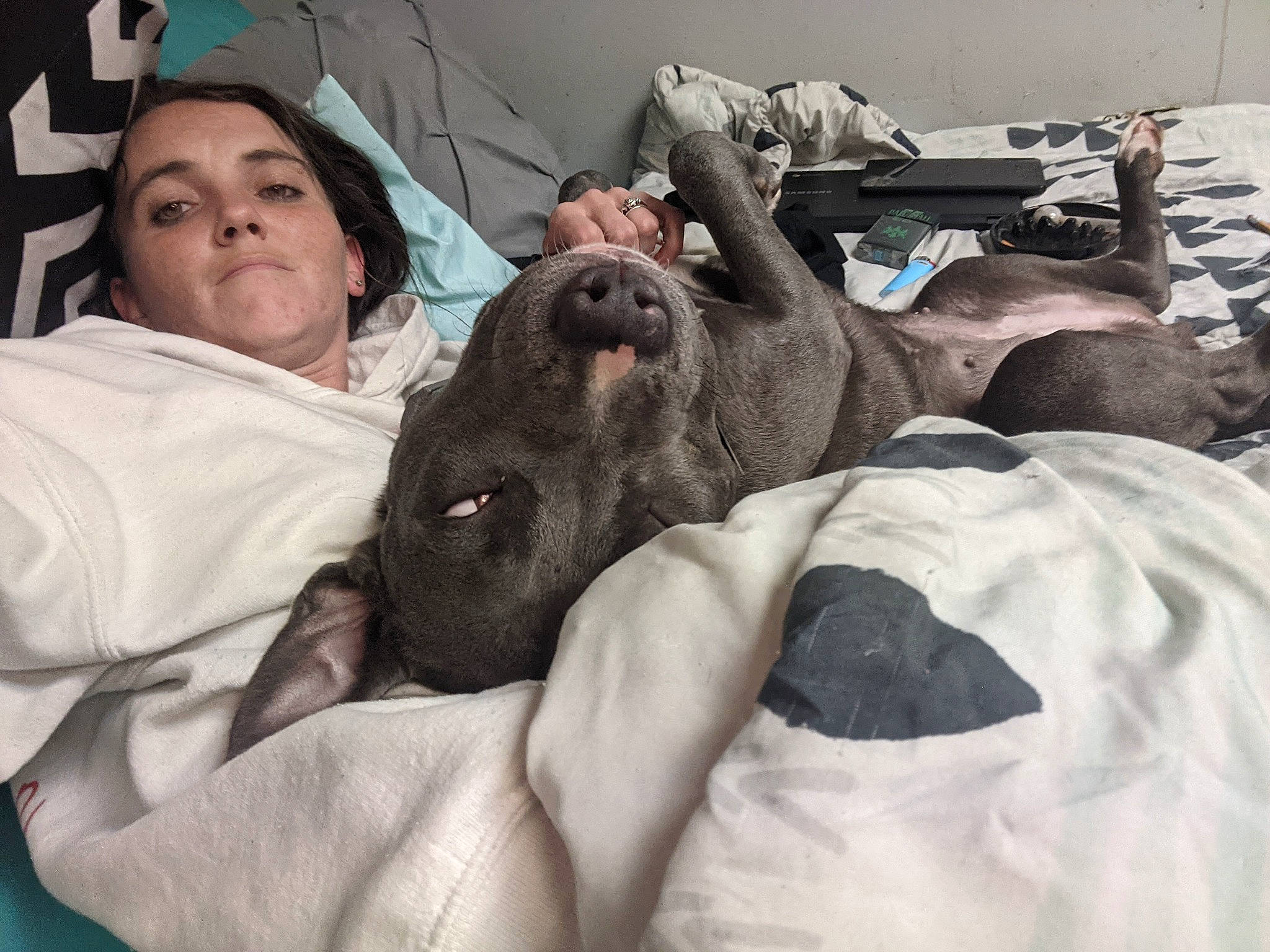 Daisey is registered to the contest to win money with this photo: bed, bedding, black_hair, child, childbirth, comfort, dog_breed, event, flesh, fun, fur, hospital, linens, medical, medical_procedure, mouth, patient, room, service, t_shirt