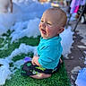 Wyatt joined the competition — help win amazing prizes! toddler, child, foam, grass, laughing, blue_shirt, play, outdoor, happy, sitting, smile, cute, fun, bubble, daylight, pavement, person, short_hair, casual_clothing, cheerful