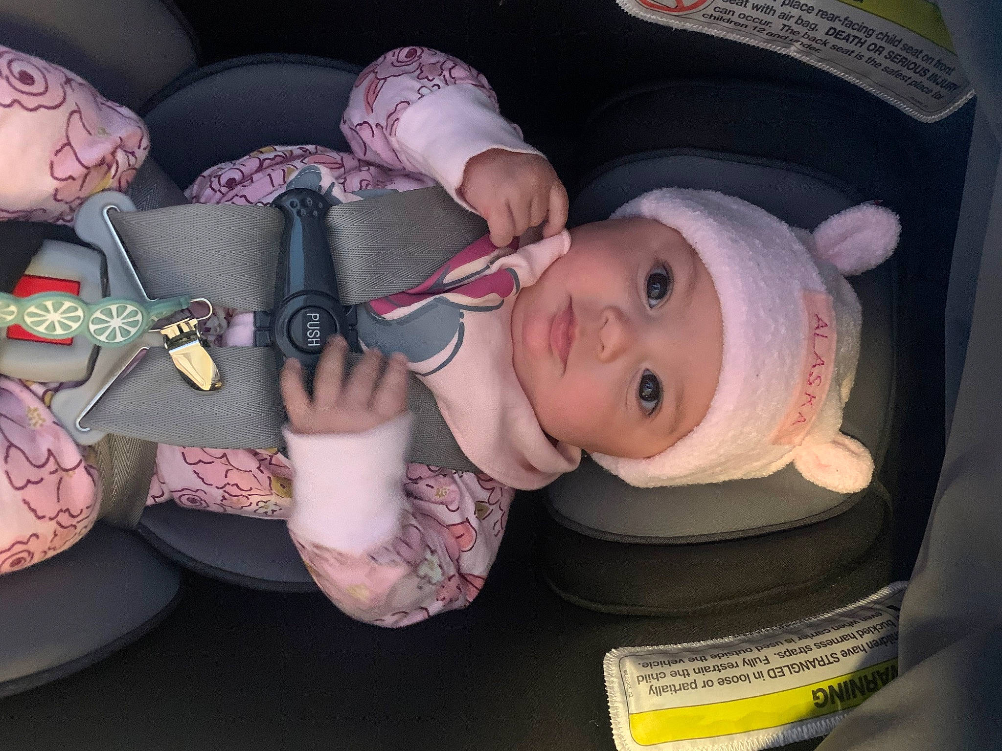 Alicen is registered to the contest to win money with this photo: baby, baby_carriage, baby_products, baby_toddler_clothing, carmine, cheek, child, drinkware, eyelash, fun, hat, headgear, headwear, lip, mouth, nail, person, pink, product, skin
