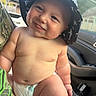 Bowen joined the competition — help win amazing prizes! baby, infant, child, smiling, portrait, bucket_hat, diaper, bare_chested, sitting, car, vehicle_interior, car_seat, sunlight, outdoor, close_up, happy, face, infantile, road_trip, photography