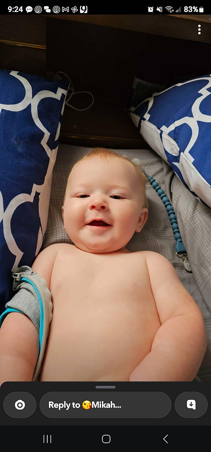 Maverick joined the competition — help win amazing prizes! abdomen, baby, baby_products, baby_toddler_clothing, cheek, chest, child, electric_blue, eyelash, fun, happy, human_body, person, product, sitting, skin, smile, stomach, thumb, toddler