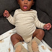 Eastyn is registered to the contest to win money with this photo: baby, bear_pattern, bear_socks, blanket, child, clothing, comfortable, couch, cozy, curious_expression, cute, grey_couch, indoors, infant, onesie, open_mouth, person, sitting, socks, soft_texture