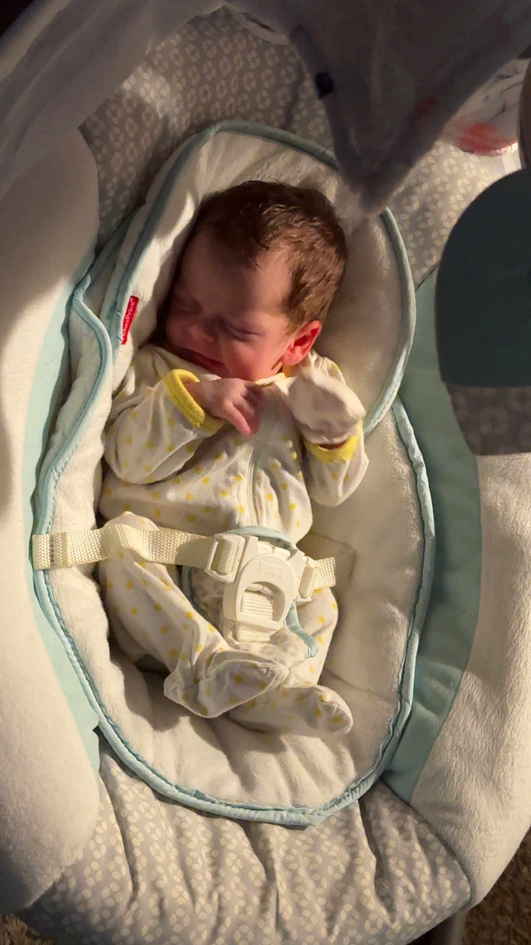 Scarlett is registered to the contest to win money with this photo: baby, newborn, infant, sleeping, baby_seat, blanket, soft_toys, cushion, clothing, onesie, belt, indoor, cozy, resting, child, cute, head, face, small_hands, peaceful