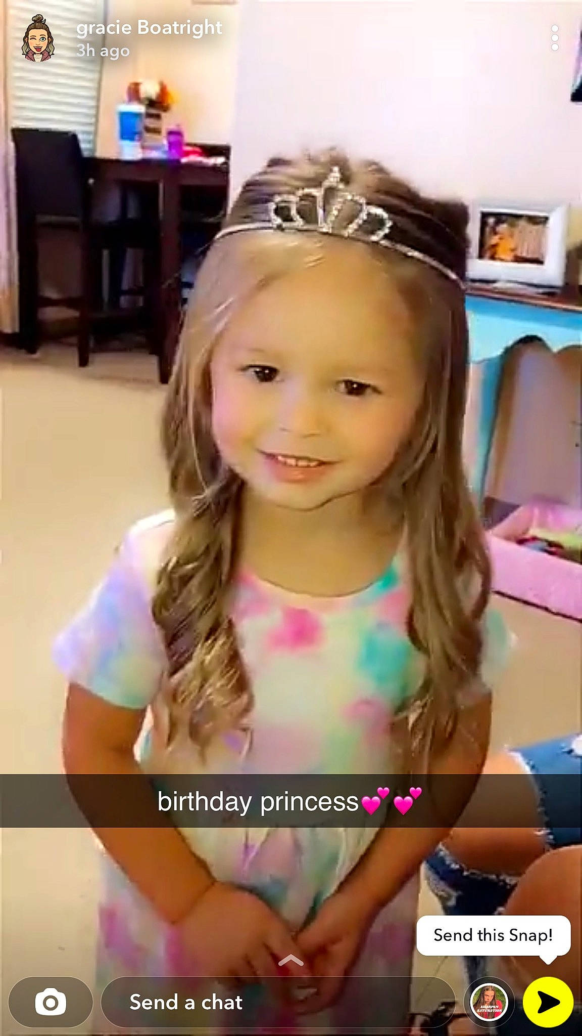 Taytum joined the competition — help win amazing prizes! arm, blond, child, cool, dress, eyebrow, fashion_accessory, finger, fun, happy, headpiece, headwear, joy, long_hair, magenta, person, pink, room, selfie, skin