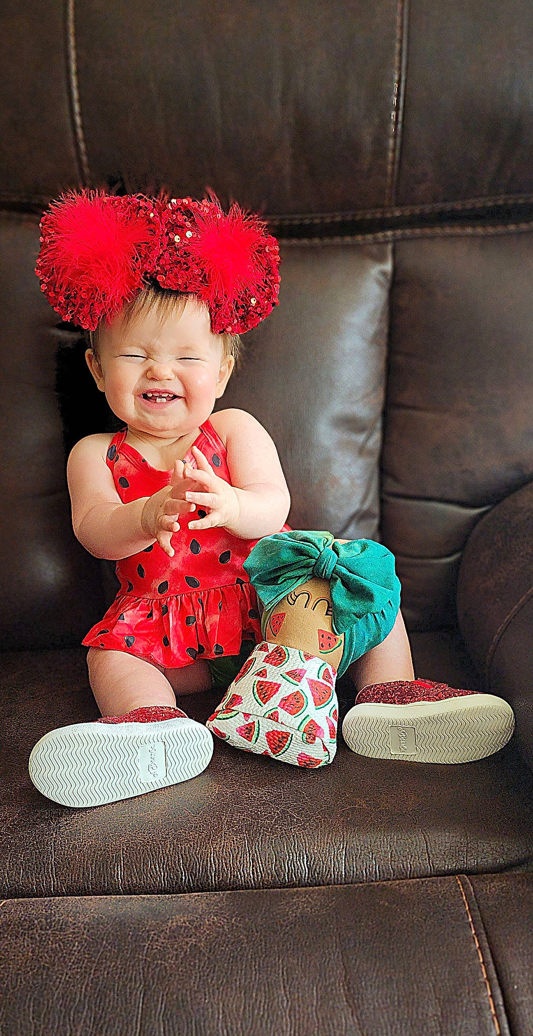 Halen joined the competition — help win amazing prizes! baby, baby_toddler_clothing, child, couch, day_dress, dress, event, flash_photography, happy, headpiece, human_leg, joy, magenta, pattern, person, pink, shoe, sitting, sleeve, smile
