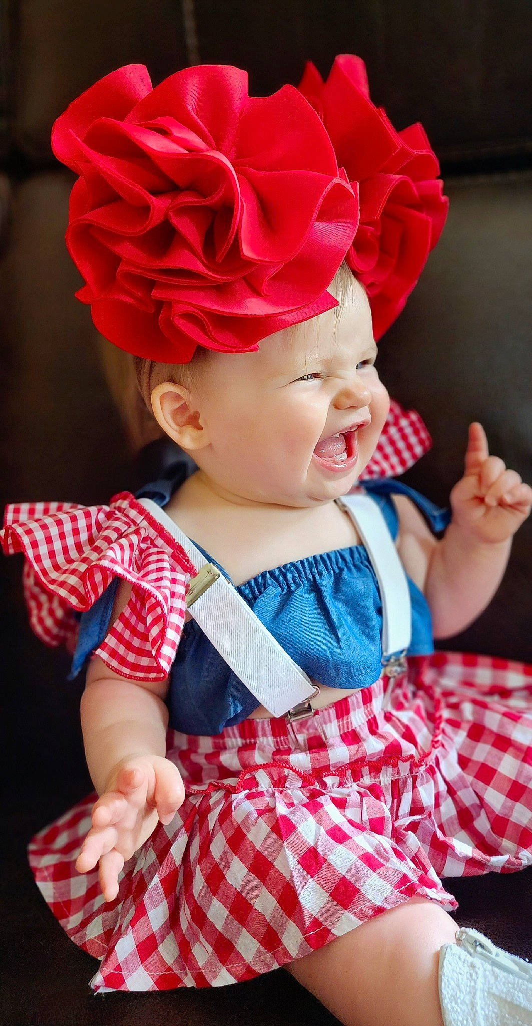 Halen joined the competition — help win amazing prizes! baby, baby_toddler_clothing, beauty, cap, child, facial_expression, finger, gesture, hand, happy, headwear, pattern, person, pink, plaid, product, red, skin, sleeve, smile