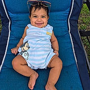 Andres joined the competition — help win amazing prizes! baby, child, smiling, sunglasses, outdoor, blue_chair, mickey_mouse, striped_clothing, happy, cute, infant, relaxing, grass, legs, feet, person, portrait, summer, casual, playful