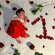 Leïa a rejoint le concours — aidez-le/la à gagner de superbes lots ! baby, newborn, sleeping, red_dress, rose_petals, rose, blanket, leaf, greenery, cute, peaceful, portrait, studio_shot, soft_texture, infant, little_feet, hands, skin, flower_arrangement, decorative