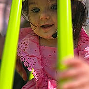 Vivian is registered to the contest to win money with this photo: child, girl, pink_dress, white_hat, yellow_bars, outdoor, sunlight, portrait, cute, smiling, playground, daylight, young_child, face, happy, person, summer, casual_clothing, fun, people