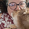 Aiko a rejoint le concours — aidez-le/la à gagner de superbes lots ! woman, person, dog, puppy, pet, cuddling, snuggling, selfie, glasses, face, close_up, indoors, portrait, fluffy, fur, brown_and_white, paws, companion, affection, happy
