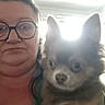 Aiko participe au concours pour gagner de l'argent avec cette photo : adult, animal, backlit, canine, dog, face, fur, glasses, hand, head, indoors, mammal, pet, person, portrait, selfie, siberian_husky, sitting, smiling, winter_dog