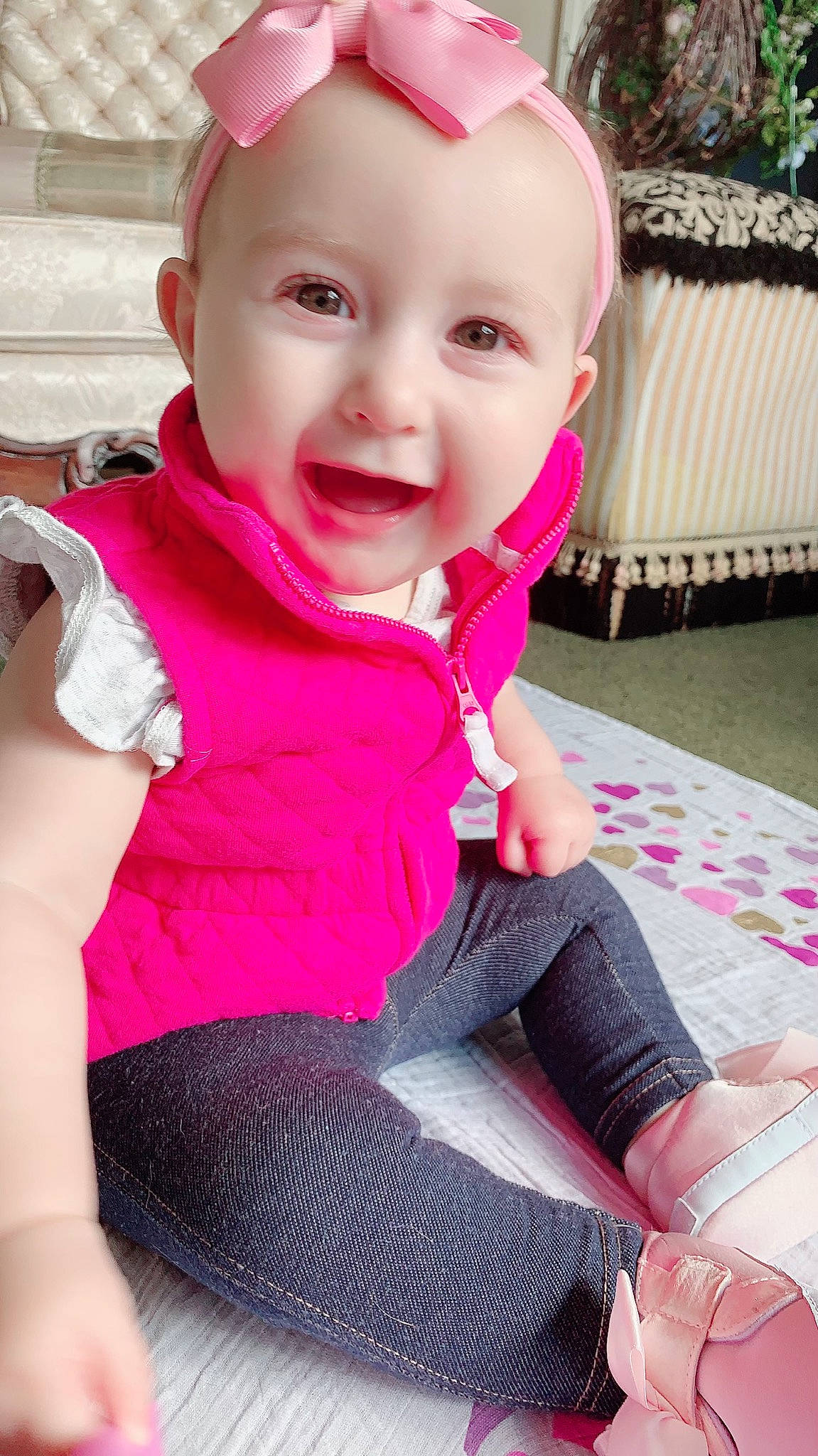 Bianca joined the competition — help win amazing prizes! baby, baby_products, baby_toddler_clothing, beauty, cheek, child, face, facial_expression, head, leg, lip, nose, outerwear, person, pink, play, sitting, skin, sleeve, smile
