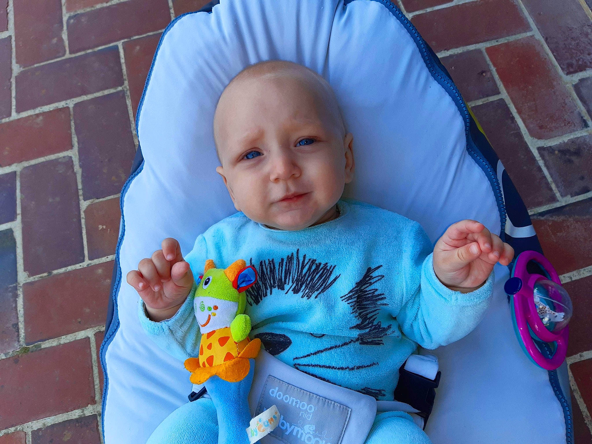 Diego a rejoint le concours — aidez-le/la à gagner de superbes lots ! baby, baby_carriage, baby_products, baby_toddler_clothing, brick, brickwork, eye, grass, hairstyle, happy, human_body, mouth, person, pink, skin, sleeve, smile, t_shirt, textile, toddler