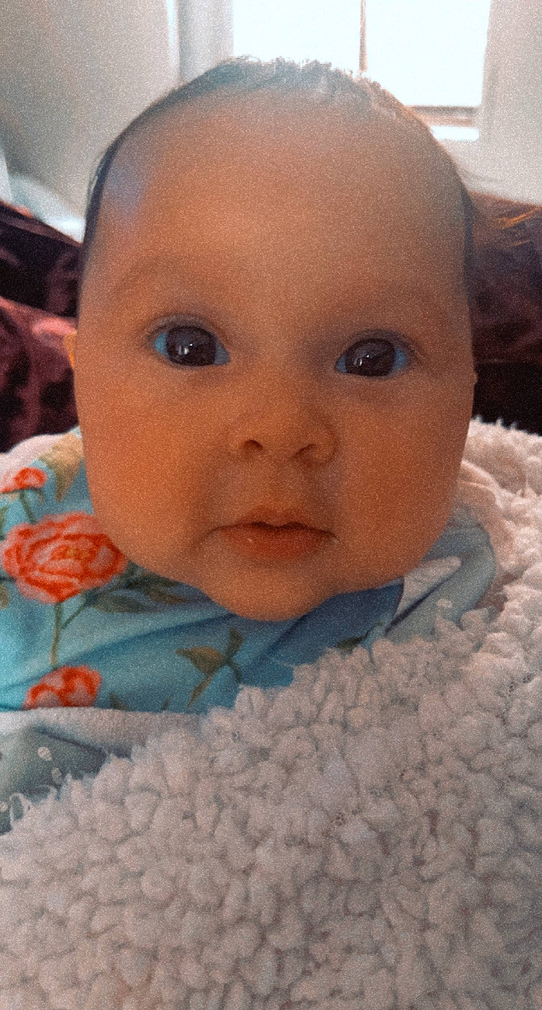 Alani joined the competition — help win amazing prizes! baby, baby_toddler_clothing, cheek, child, chin, close_up, comfort, eyebrow, eyelash, facial_expression, fun, happy, iris, linens, mouth, nose, pattern, person, skin, smile