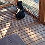 alone, animal, back_view, black_dog, calm, daytime, dog, fence, looking_out, mesh_fence, nature, outdoor, peaceful, pet, quiet, resting, shadow, sunlight, wood, wooden_deck