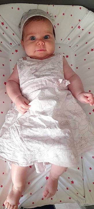 Emy a rejoint le concours — aidez-le/la à gagner de superbes lots ! baby, baby_toddler_clothing, cheek, chin, comfort, dress, eye, finger, head, lip, mouth, neck, one_piece_garment, person, pink, skin, sleeve, standing, thigh, toddler