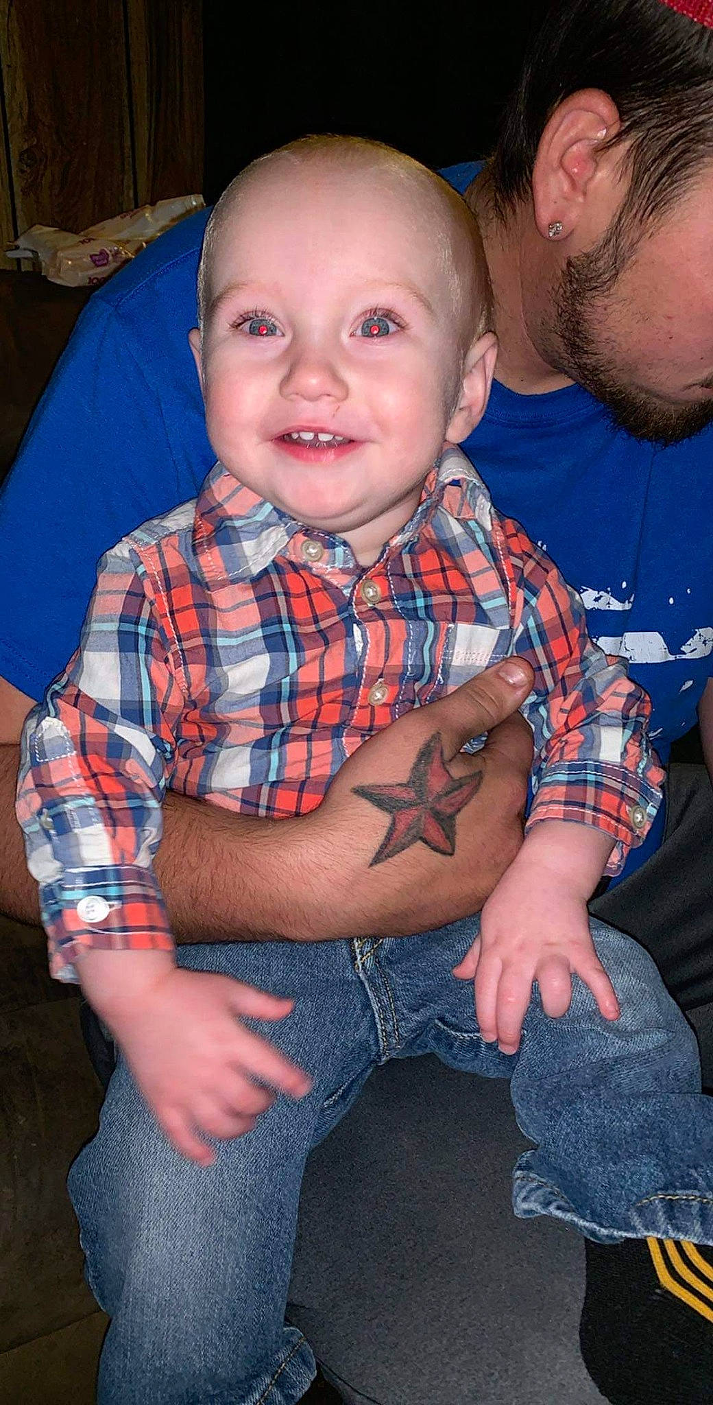 Beau is registered to the contest to win money with this photo: abdomen, arm, cheek, child, design, face, head, joy, leg, muscle, pattern, person, plaid, sitting, skin, smile, toddler, trunk