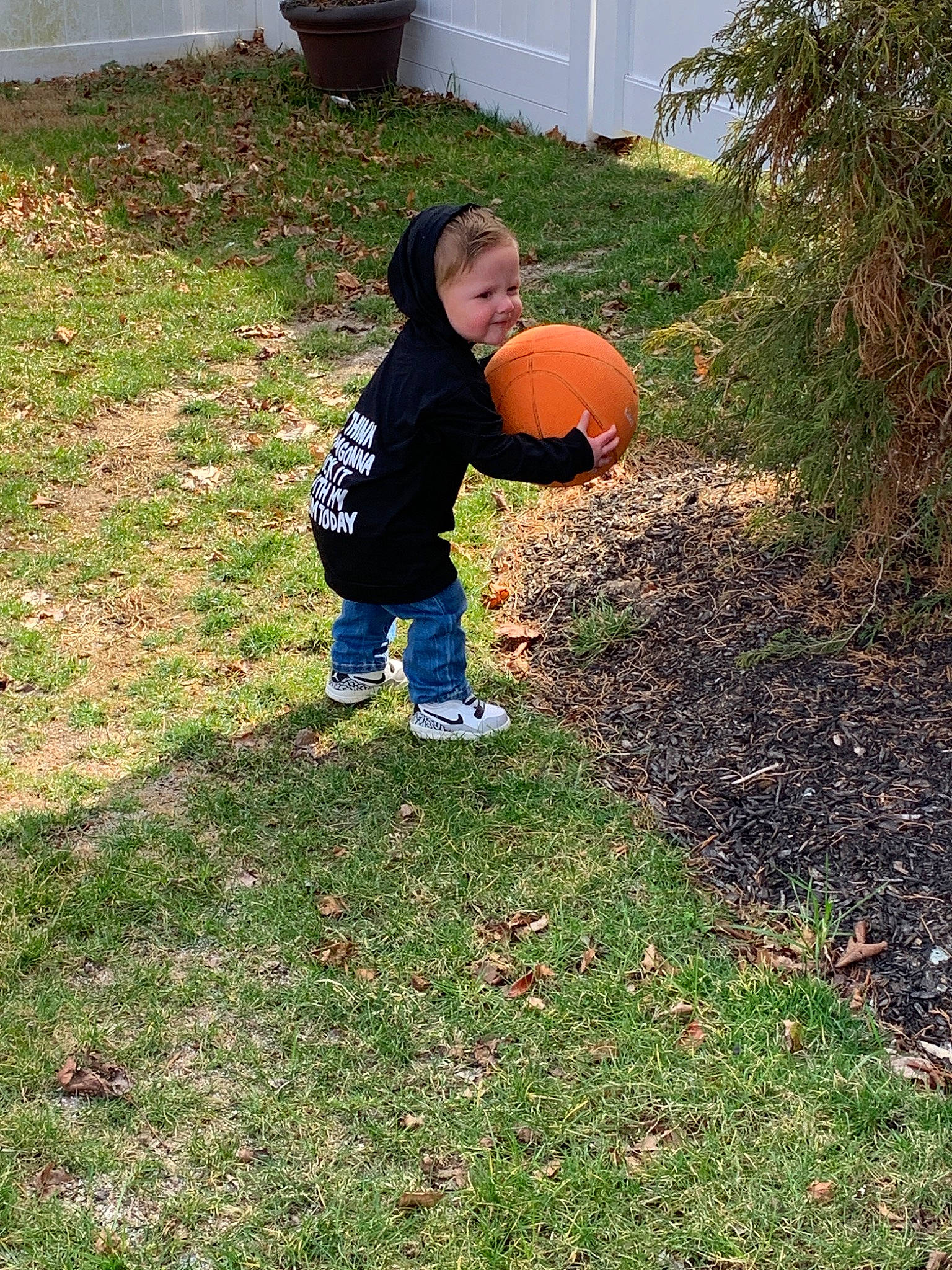 Dominick is registered to the contest to win money with this photo: backyard, child, fun, garden, grass, lawn, person, plant, play, pumpkin, soil, toddler, yard