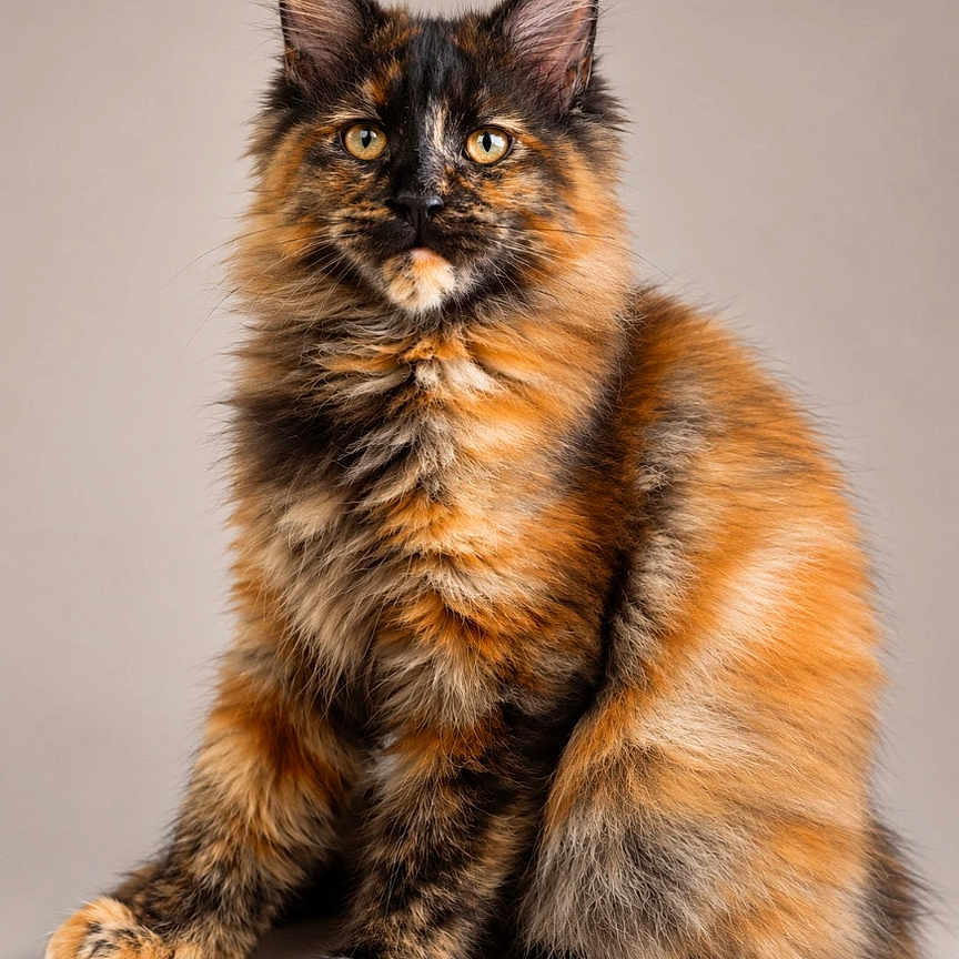 Bagheera participe au concours pour gagner de l'argent avec cette photo : animal, black, brown, cat, ears, eyes, feline, fluffy, fur, indoor, long_hair, orange, paws, pet, portrait, sitting, studio, tail, tortoiseshell, whiskers