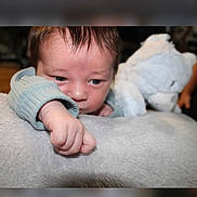 Thomas joined the competition — help win amazing prizes! baby, infant, child, face, hand, sweater, plush_toy, teddy_bear, soft_texture, indoor, close_up, resting, curious_expression, skin, person, couch, furniture, young_child, cozy, portrait