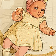 Luna participe au concours pour gagner de l'argent avec cette photo : illustration, baby, cartoon, dress, headband, yellow, floral_pattern, lying_down, rosy_cheeks, smile, crescent_moon, star, patterned_background, cute, child, soft_colors, sock, long_sleeve, fabric, playful