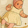 illustration, baby, cartoon, dress, headband, yellow, floral_pattern, lying_down, rosy_cheeks, smile, crescent_moon, star, patterned_background, cute, child, soft_colors, sock, long_sleeve, fabric, playful