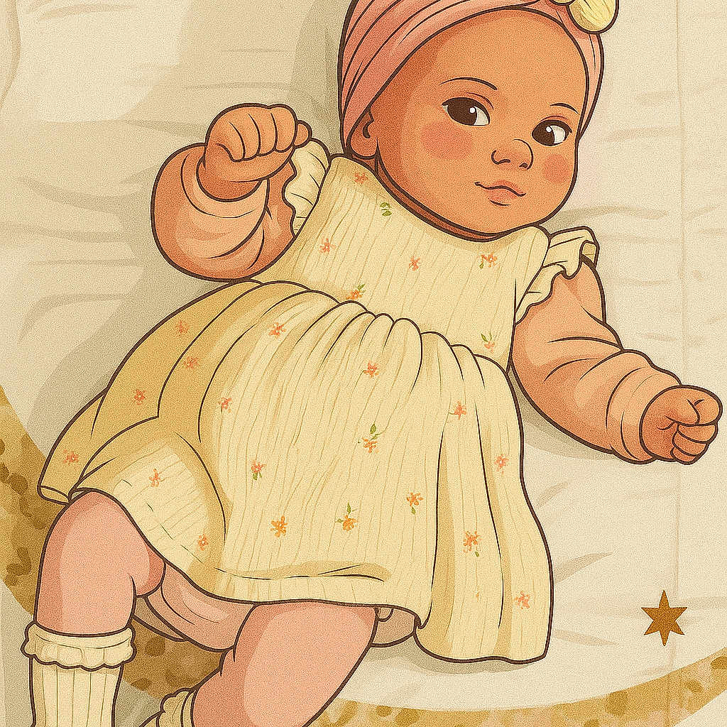 Luna participe au concours pour gagner de l'argent avec cette photo : baby, cartoon, child, crescent_moon, cute, dress, fabric, floral_pattern, headband, illustration, long_sleeve, lying_down, patterned_background, playful, rosy_cheeks, smile, sock, soft_colors, star, yellow