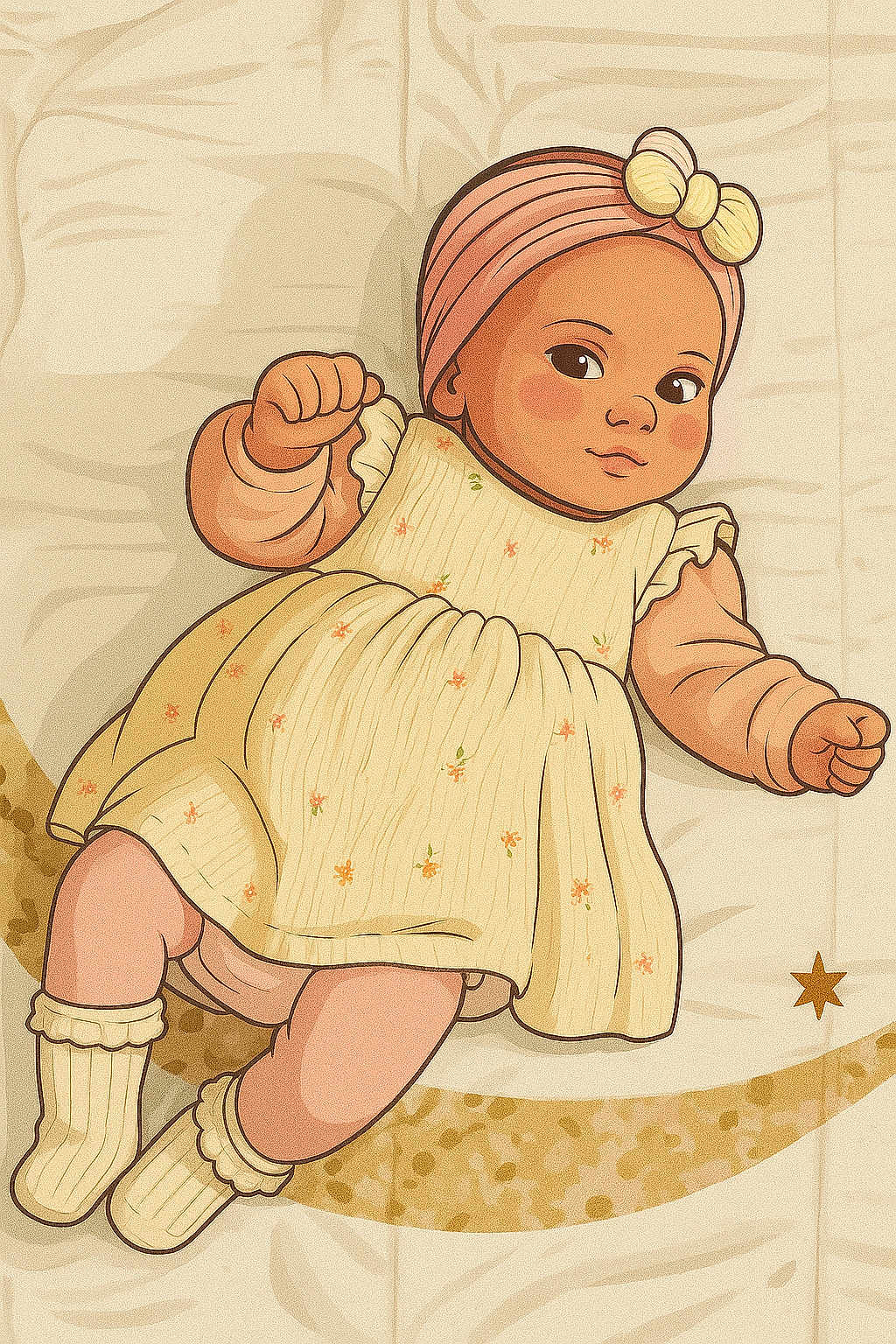 Luna participe au concours pour gagner de l'argent avec cette photo : illustration, baby, cartoon, dress, headband, yellow, floral_pattern, lying_down, rosy_cheeks, smile, crescent_moon, star, patterned_background, cute, child, soft_colors, sock, long_sleeve, fabric, playful