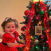 Ava joined the competition — help win amazing prizes! toddler, child, christmas_tree, red_dress, holiday, ornaments, lights, smile, curly_hair, hair_bow, indoor, celebration, festive, decorations, happy, person, holiday_season, tree, joyful, cute