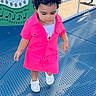 Jazminñ joined the competition — help win amazing prizes! toddler, child, pink_dress, white_shoes, playground, outdoor, curly_hair, walking, blue_surface, music_theme, stroller, sunlight, daytime, person, young_child, casual_clothing, cute, play_area, curious, summer