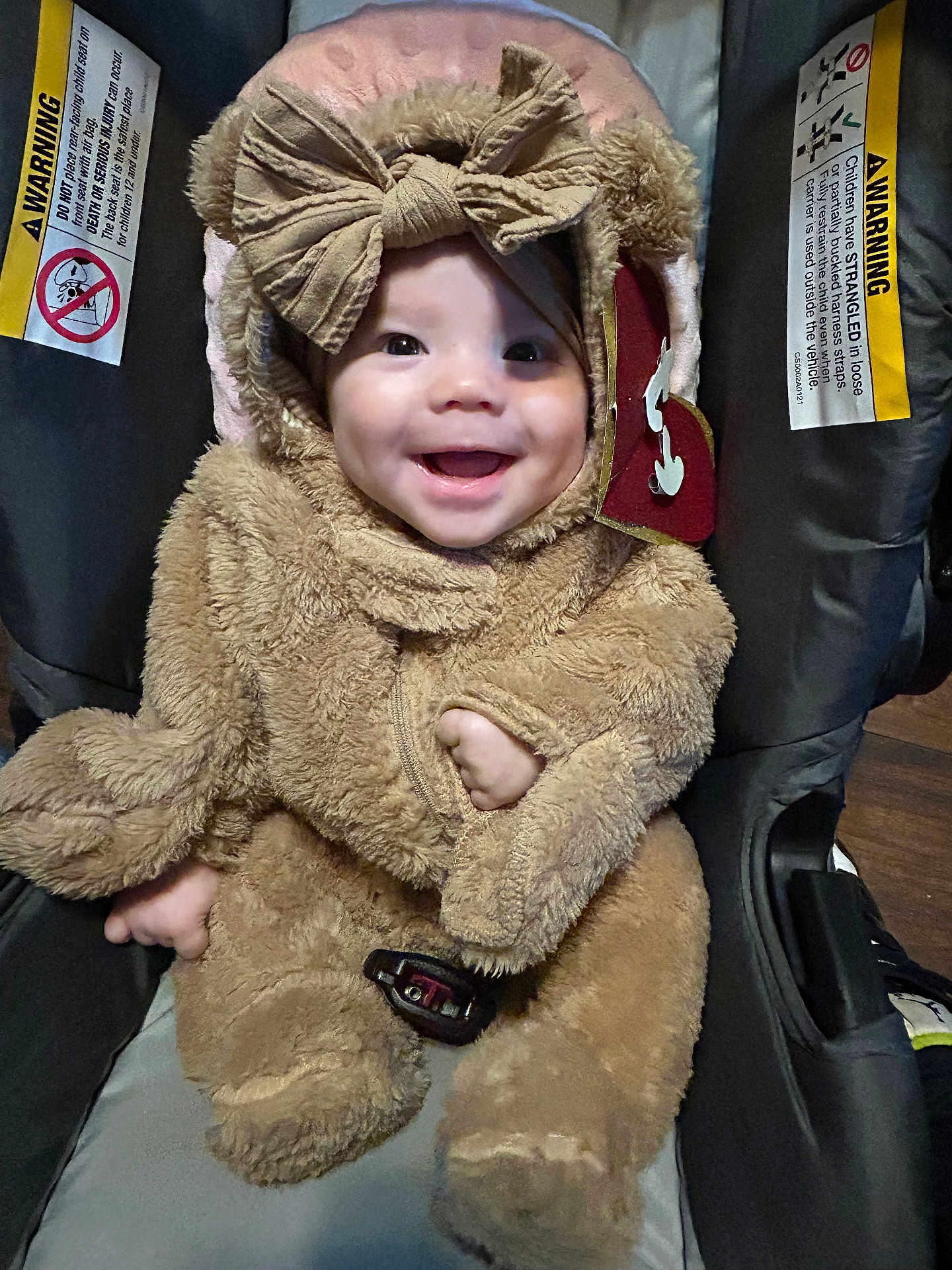 Chanel is registered to the contest to win money with this photo: baby, child, smiling, costume, bear_costume, car_seat, seatbelt, fuzzy, cute, happy, indoors, infant, headwear, bow, clothing, sitting, face, human, child_in_car_seat, adorable