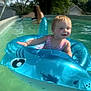 toddler, child, pool, inflatable, float, water, summer, outdoor, toy, swimming, fun, happy, person, tree, house, sunlight, nature, blue, pink, swimsuit