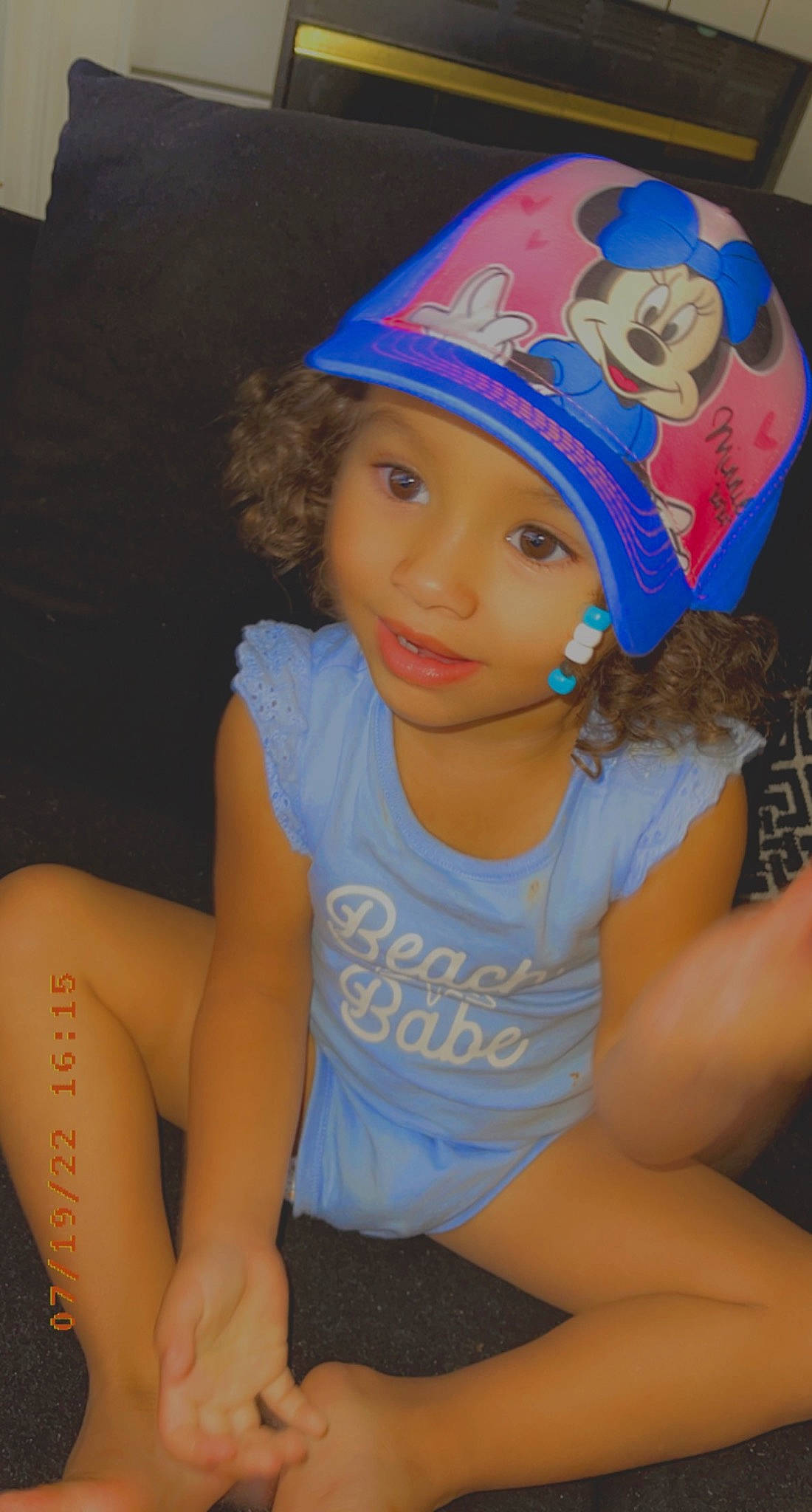Ari-yana joined the competition — help win amazing prizes! baseball_cap, cap, child, costume_hat, electric_blue, fashion_accessory, fun, happy, head, headgear, headwear, human_leg, leisure, mouth, party_supply, person, personal_protective_equipment, recreation, smile, t_shirt