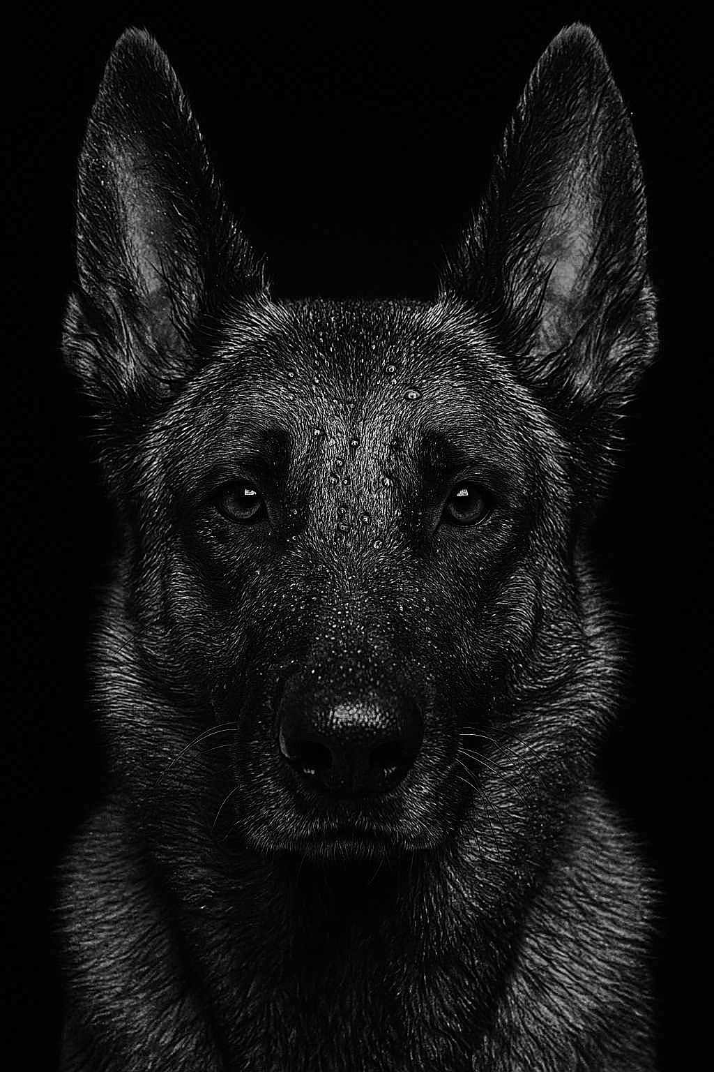 Rafale a rejoint le concours — aidez-le/la à gagner de superbes lots ! dog, german_shepherd, portrait, black_and_white, close_up, wet_fur, animal, pet, ears, face, nose, eyes, dark_background, fur_texture, canine, muzzle, alert, intense, majestic, studio