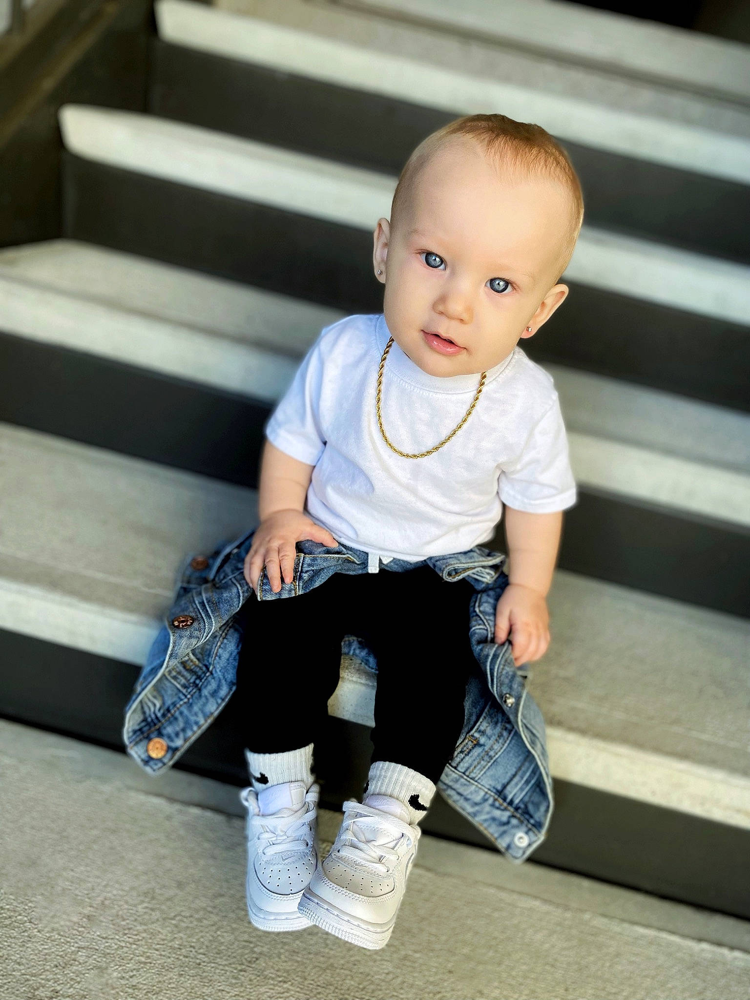 Kaison joined the competition — help win amazing prizes! baby, baby_toddler_clothing, black, cheek, denim, electric_blue, eye, flash_photography, happy, human_leg, joint, knee, person, sleeve, sock, stairs, standing, t_shirt, toddler, walking_shoe