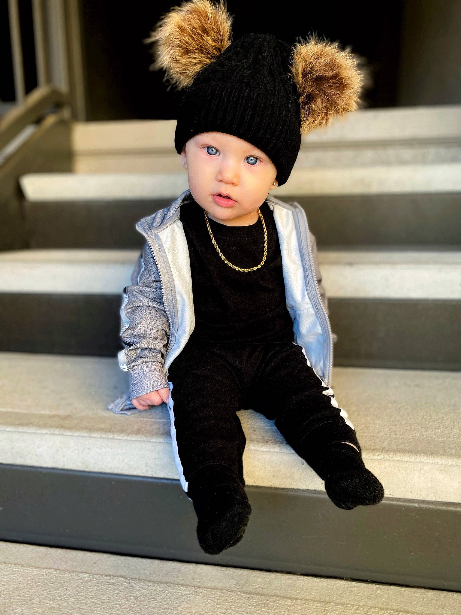 Kaison joined the competition — help win amazing prizes! arm, baby_toddler_clothing, cap, child, costume_hat, denim, electric_blue, face, fashion, fashion_accessory, fashion_design, fun, fur, hairstyle, hat, headgear, headwear, person, sitting, sleeve
