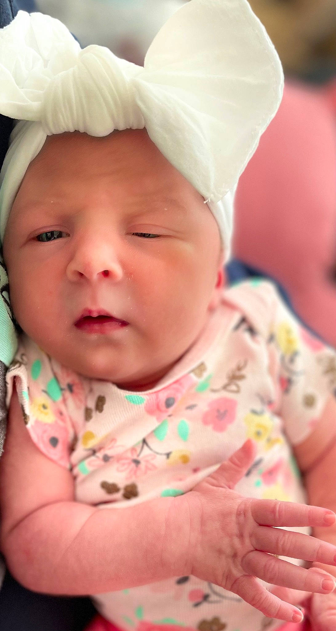 Lakelyn is registered to the contest to win money with this photo: baby, baby_toddler_clothing, cheek, chin, eye, eyebrow, face, finger, happy, head, iris, lip, mouth, nose, person, pink, skin, sleeve, smile, textile