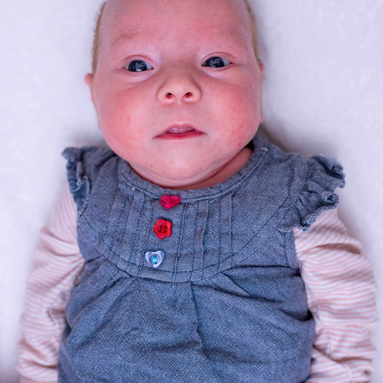 Léna participe au concours pour gagner de l'argent avec cette photo : baby, infant, child, portrait, close_up, blue_outfit, denim, buttons, striped_sleeves, soft_surface, white_background, face, eyes, skin, expression, lying_down, clothing, cute, newborn, hands