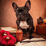 Uben participe au concours pour gagner de l'argent avec cette photo : dog, french_bulldog, pet, animal, portrait, sitting, indoors, books, open_book, candle, pumpkins, velvet, wand, magic, cozy, warm_lighting, brown_background, home_decor, white_chest, upright_ears