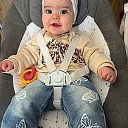 Joyce participe au concours pour gagner de l'argent avec cette photo : baby, baby_seat, bow, butterfly_print, child, clothing, comfort, cute, face, footwear, happy, headband, indoor, infant, jeans, person, smiling, straps, sweater, toy