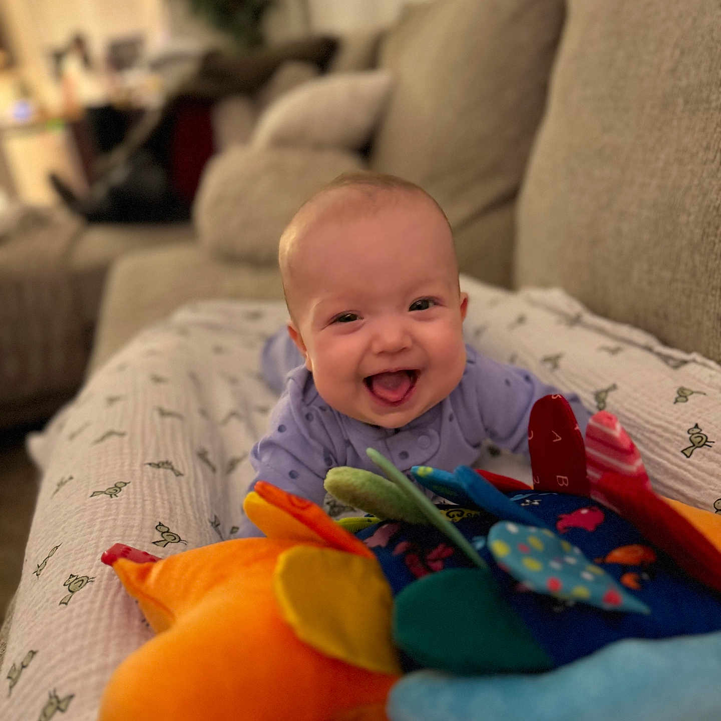Layla joined the competition — help win amazing prizes! architecture, baby, babylaughing, bodypart, building, couch, cushion, face, finger, furniture, happy, head, homedecor, indoors, livingroom, person, photography, portrait, room, toy