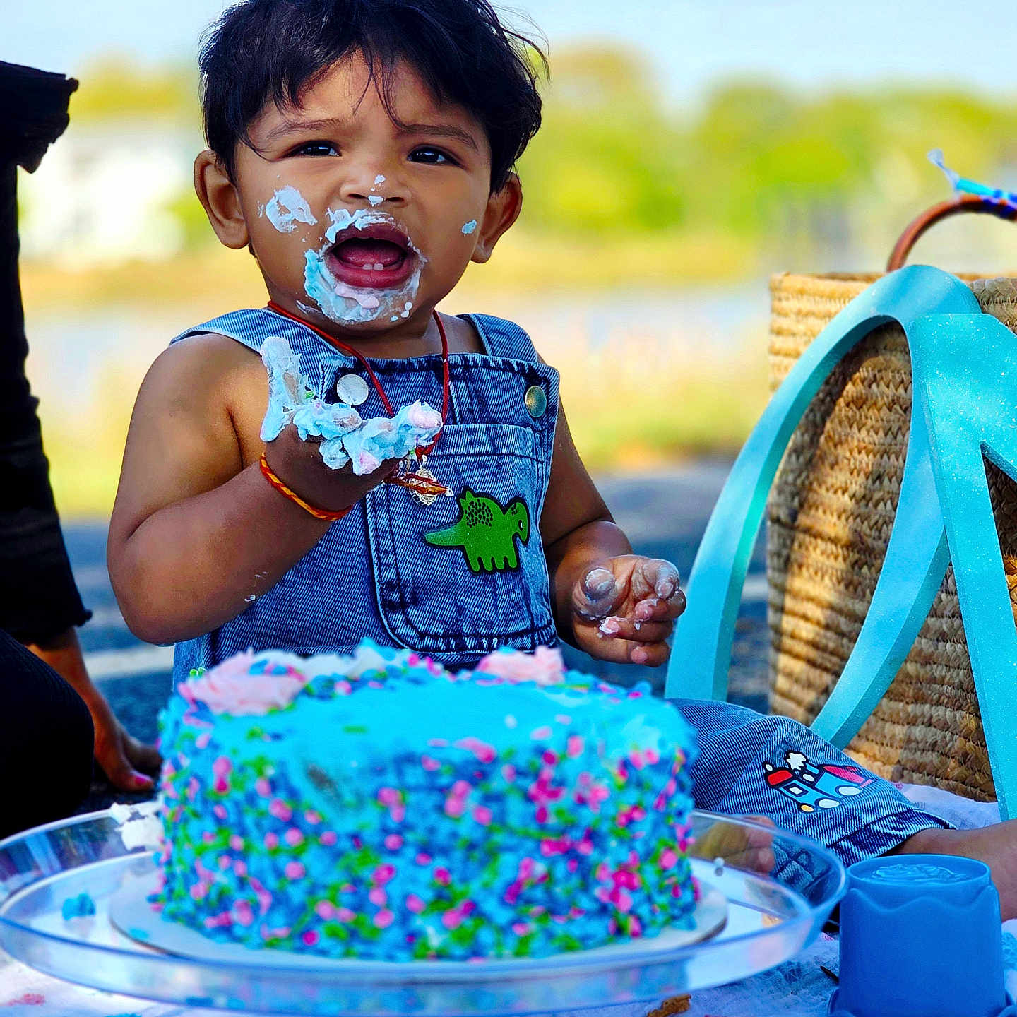 Dhruvansh joined the competition — help win amazing prizes! baby, birthday, blue_cake, cake, celebration, child, denim_overalls, face_paint, food, frosting, grass, hand, happy, outdoor, picnic, playful, sitting, smiling, sunny, toddler