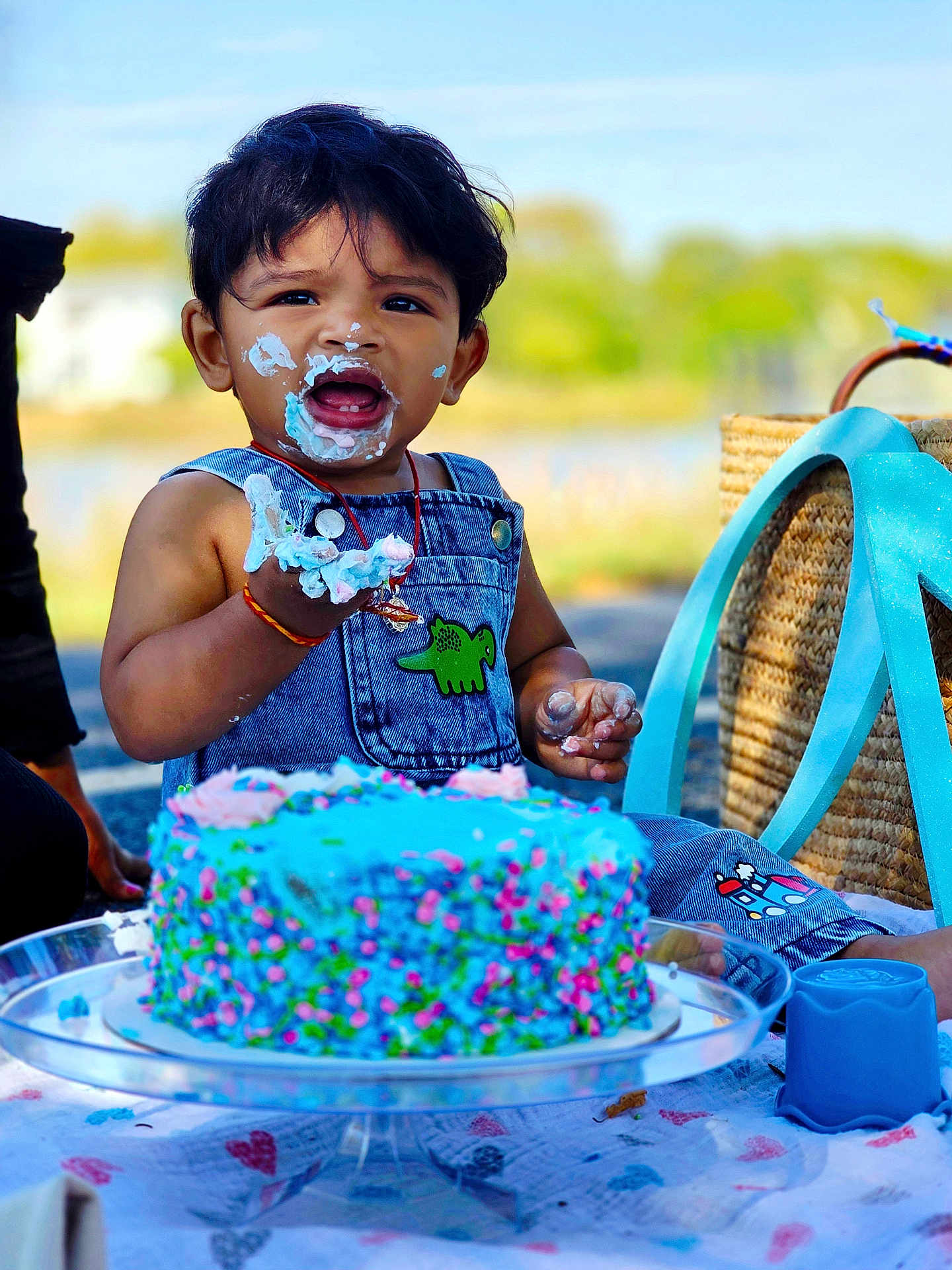 Dhruvansh joined the competition — help win amazing prizes! child, toddler, cake, blue_cake, frosting, outdoor, picnic, denim_overalls, smiling, face_paint, happy, celebration, food, birthday, grass, sunny, sitting, hand, baby, playful