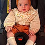 Léa participe au concours pour gagner de l'argent avec cette photo : baby, child, infant, car_seat, headband, bow, socks, clothing, cute, portrait, person, sitting, indoors, face, expression, hands, feet, fabric, seatbelt, footwear