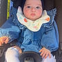 Léa participe au concours pour gagner de l'argent avec cette photo : baby, child, car_seat, denim, headband, bow, white_socks, infant, cute, portrait, sitting, clothing, hands, face, eyes, young_child, indoor, seatbelt, safety, adorable